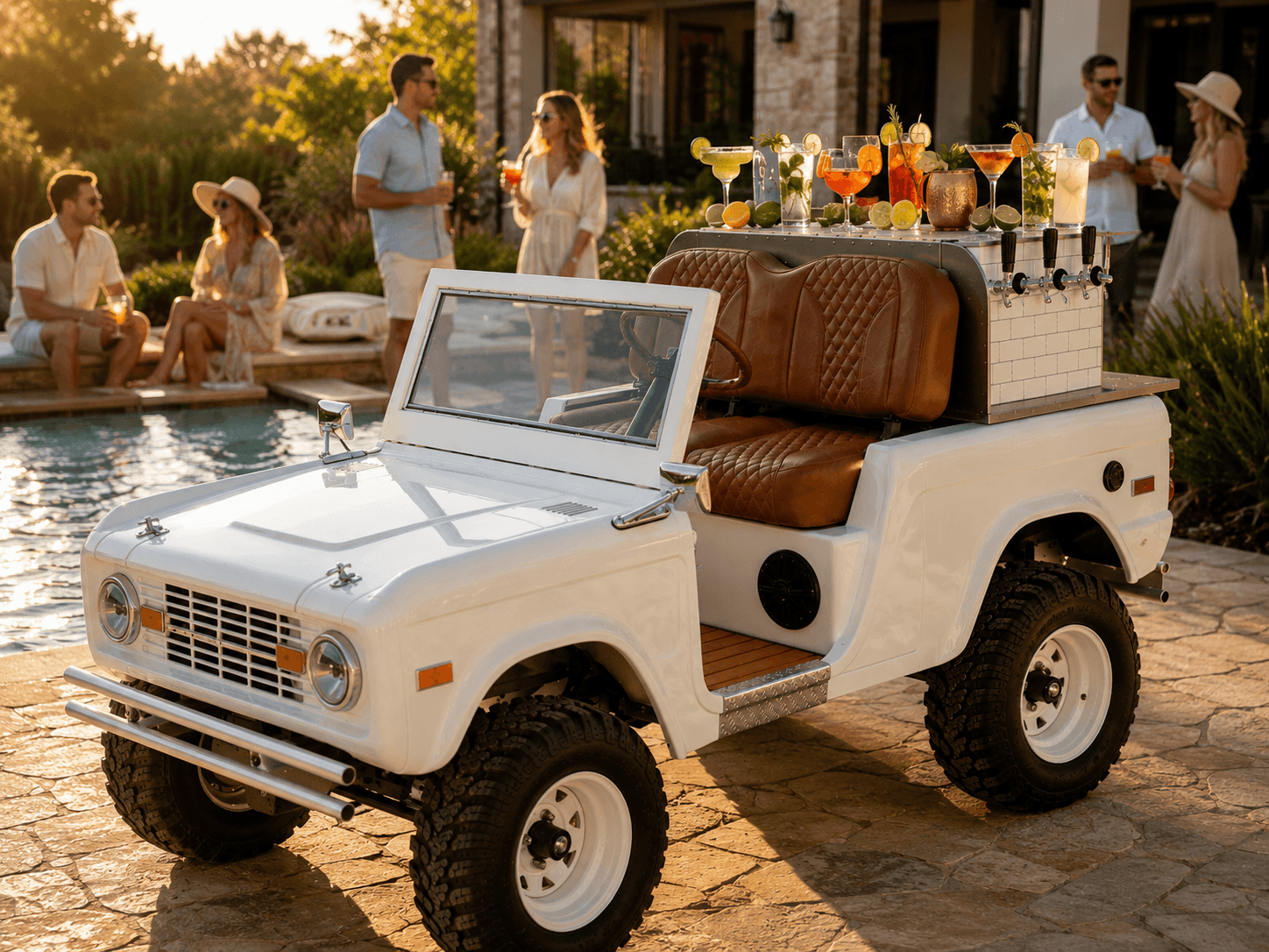 White vintage Bronco-style bar cart poolside at golden hour with a full lineup of colorful cocktails on the bar top and guests mingling around the pool