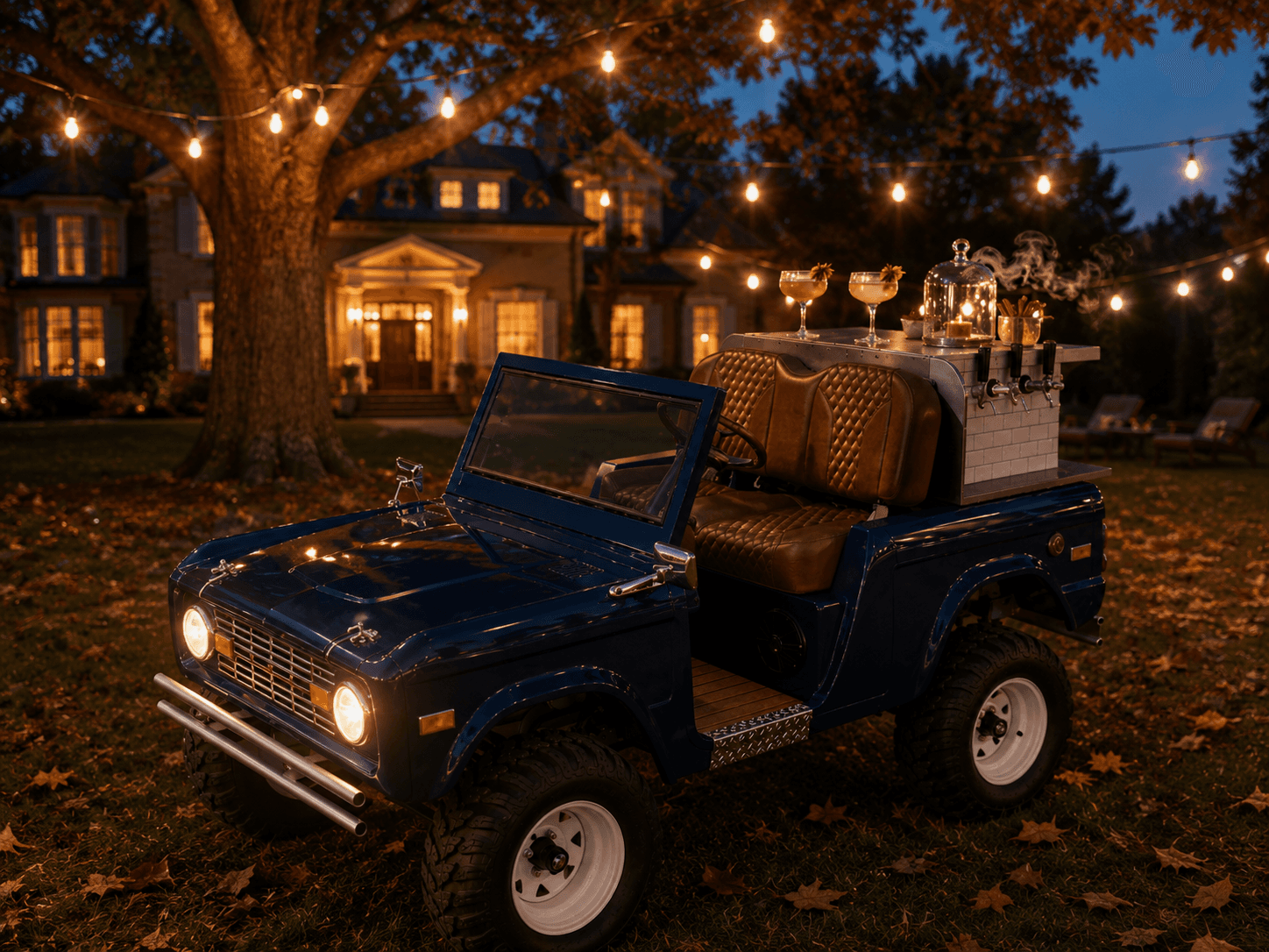 Navy vintage Bronco-style bar cart on a fall evening estate lawn, smoked cocktail under a glass cloche between two coupe glasses, string lights overhead and autumn leaves underfoot