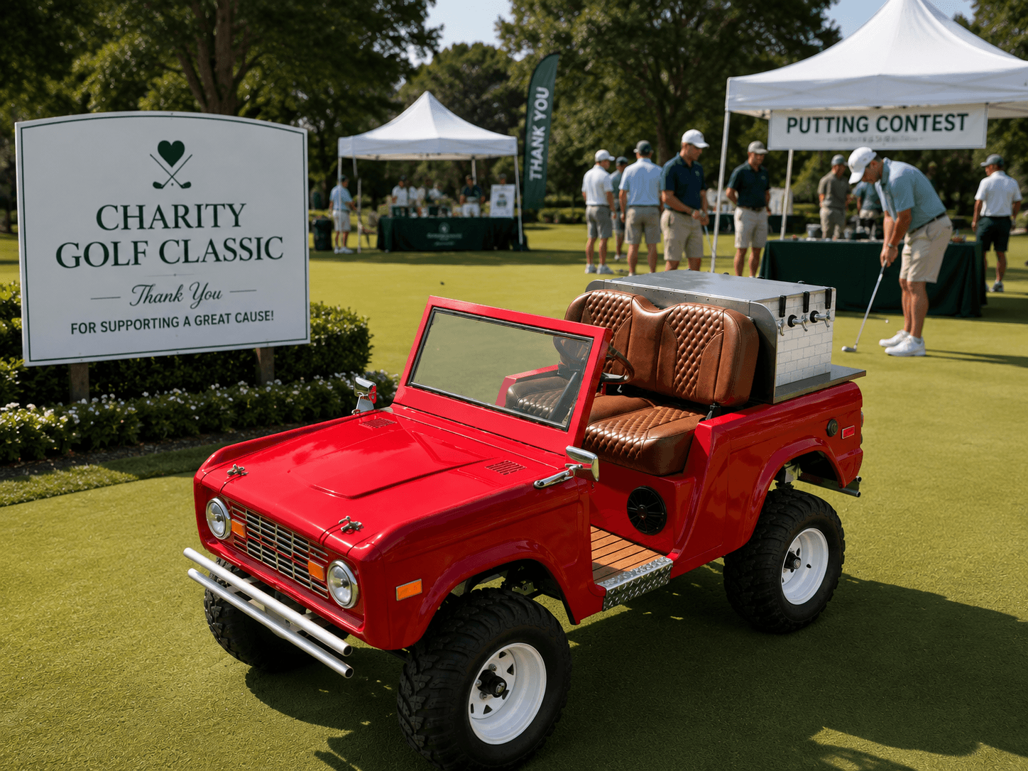 Red vintage Bronco-style cart on the green next to a Charity Golf Classic sponsor sign and Putting Contest tent