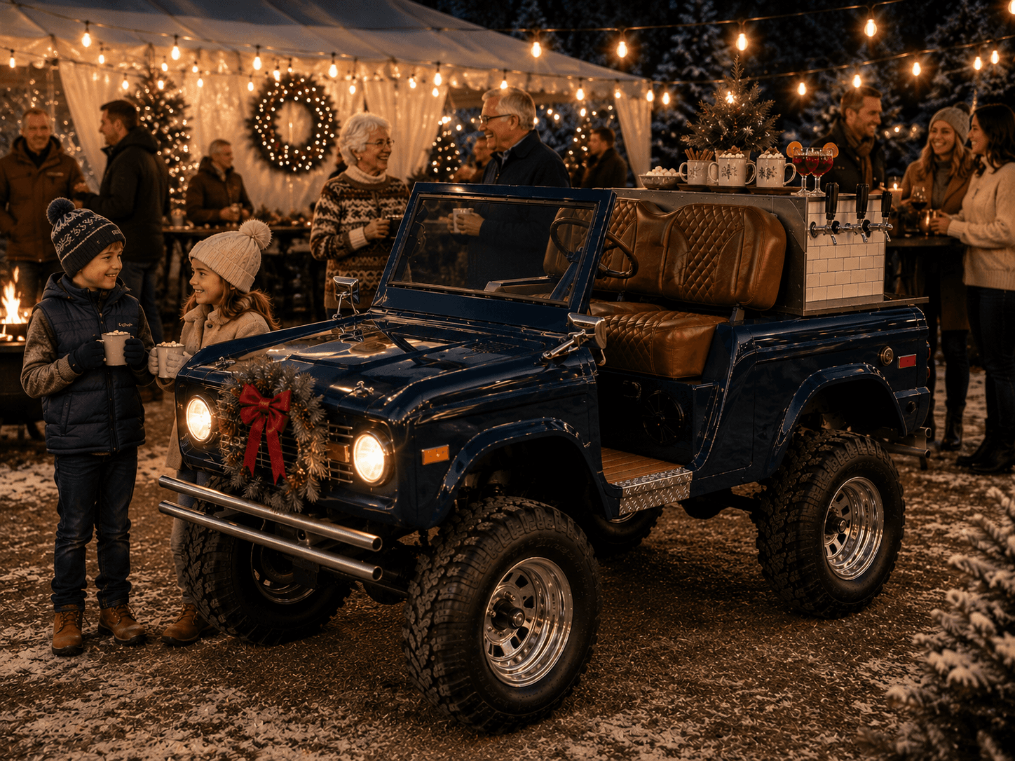 Navy vintage Bronco-style bar cart with a Christmas wreath on the grille, kids holding hot cocoa and adults holding mulled wine under string lights at a snowy holiday party