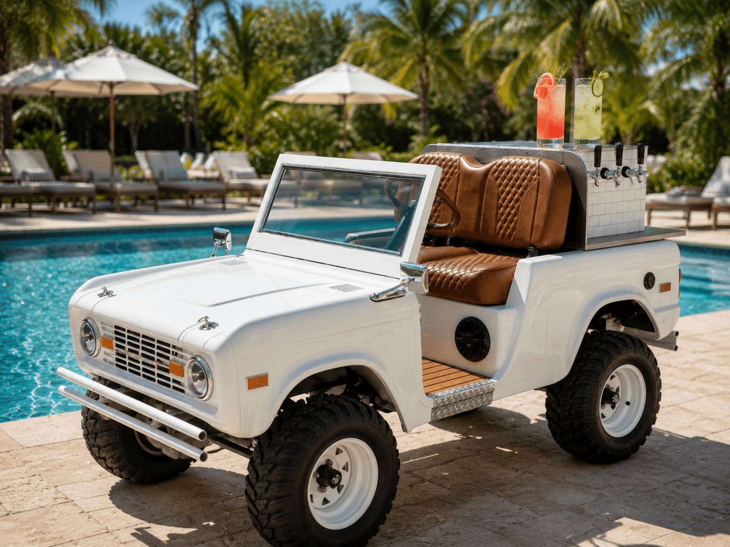 White vintage Bronco-style bar cart poolside with a red citrus cocktail and a green herb highball on the bar top, palm trees and cabana umbrellas behind